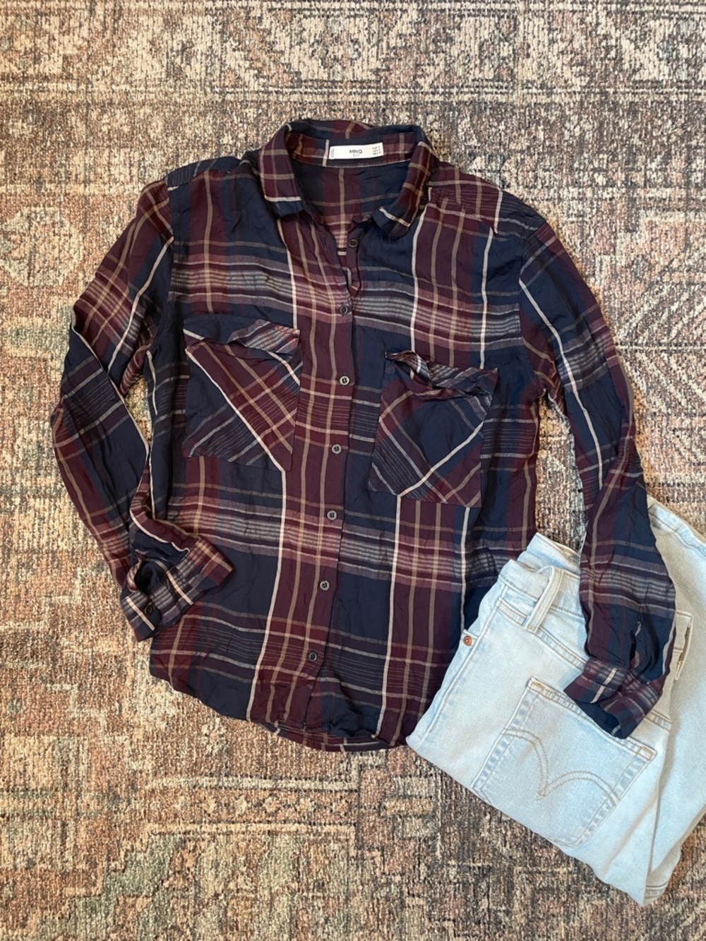 Mango Plaid Button Down Shirt Small Navy Burgundy Lightweight Flannel Casual